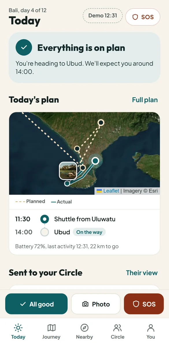 The Lantern demo app on day four in Bali. A status card reads Everything is on plan, heading to Ubud, expected around 14:00, above a map of the planned and actual route and the day's timeline.
