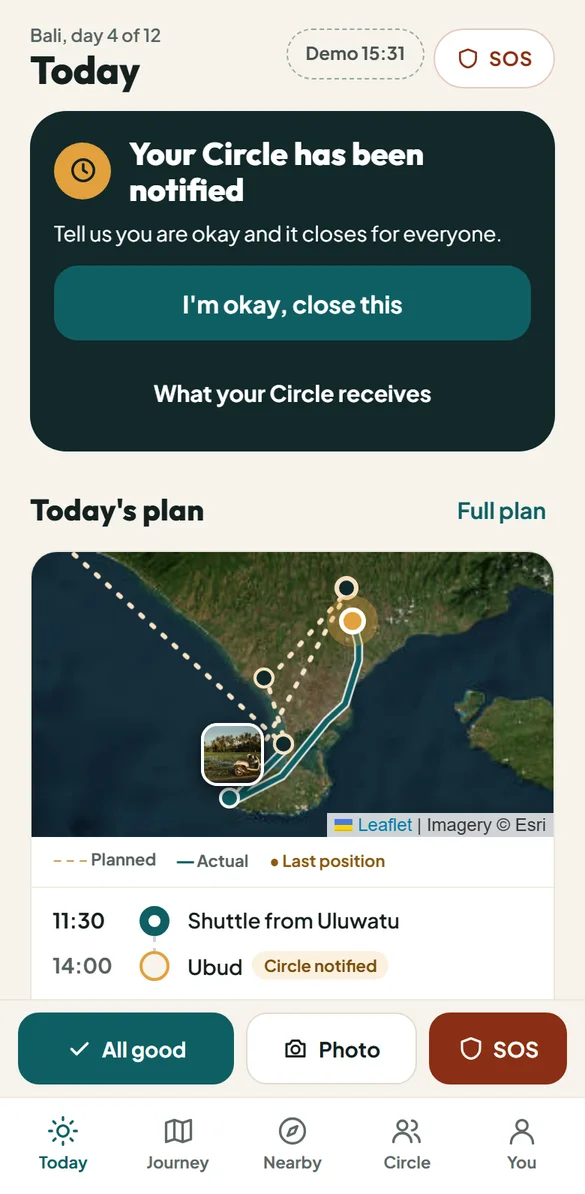 Traveller's screen: Your circle has been notified, with a button reading I'm okay, close this.