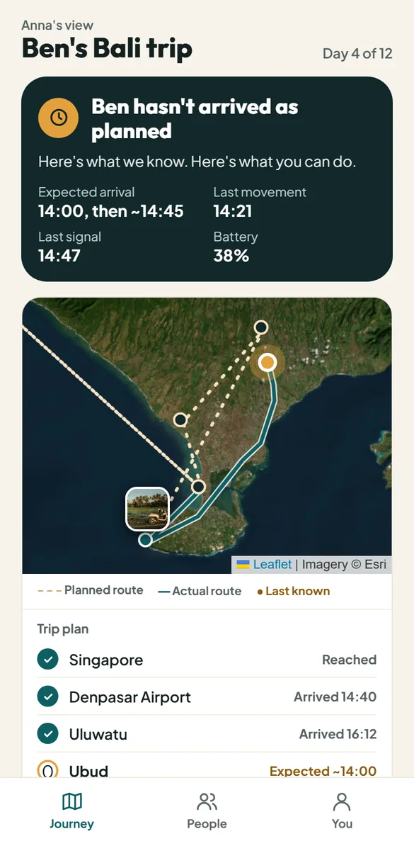 The circle's screen: Ben hasn't arrived as planned, with last movement, last signal and battery level.